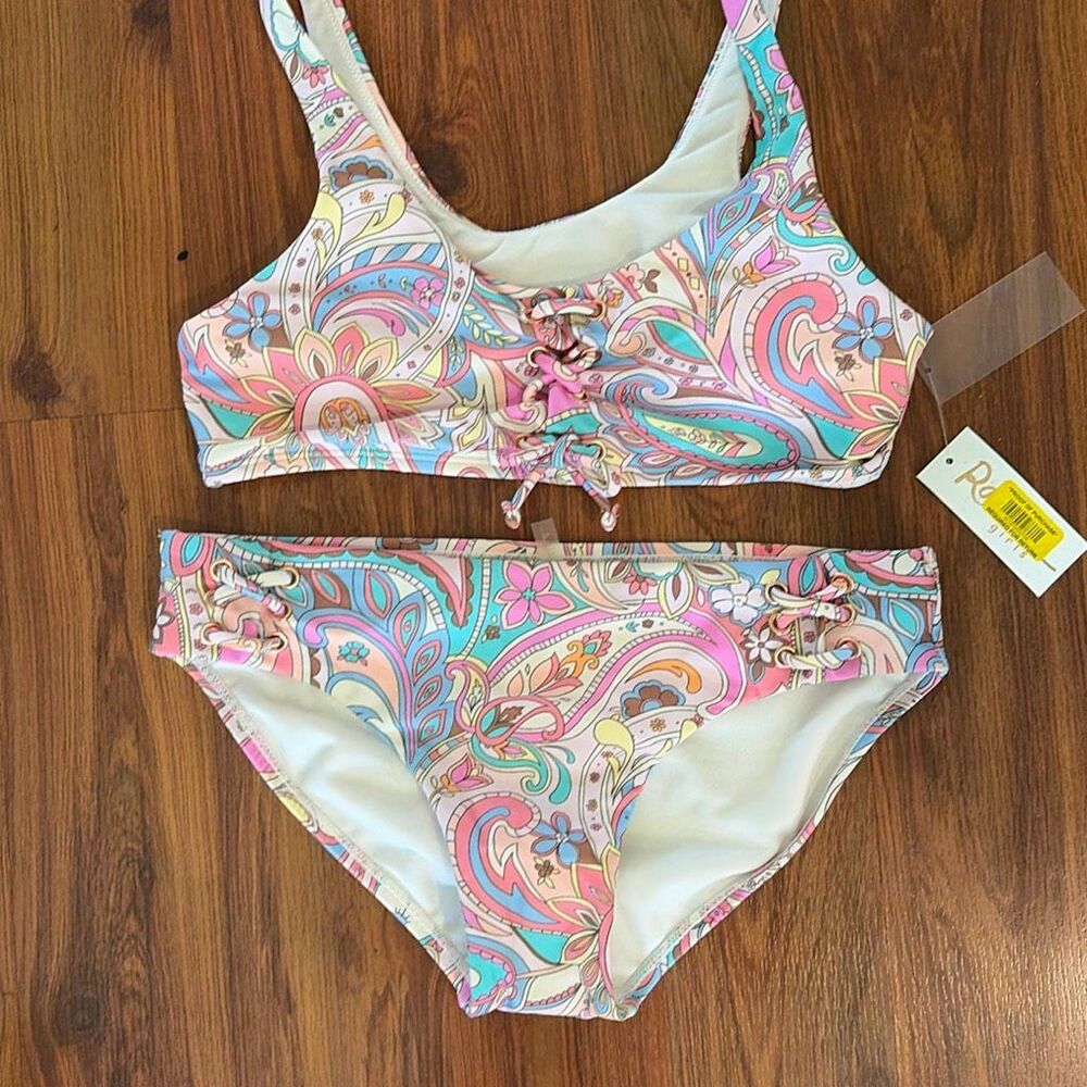 NWT Raisins girls light, pink paisley, print two-piece swimsuit, size 14